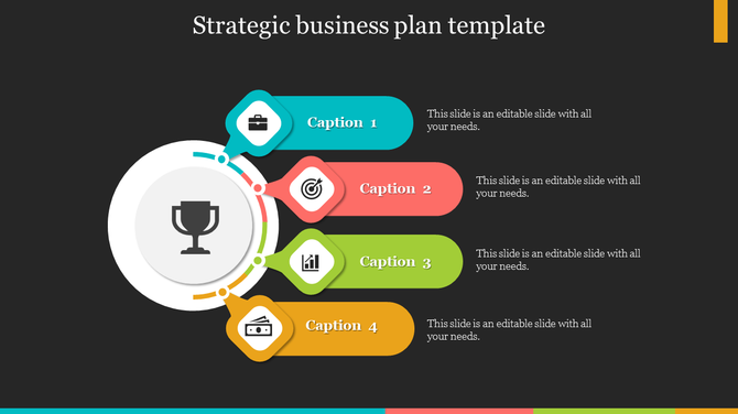 Strategic business plan template with colorful sections around a central trophy icon and placeholder text on a dark backdrop.