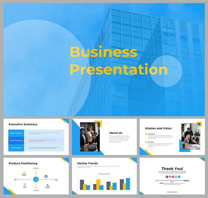 Business template with a blue themed cover slide featuring a glass building and six preview slides with text and graphics.