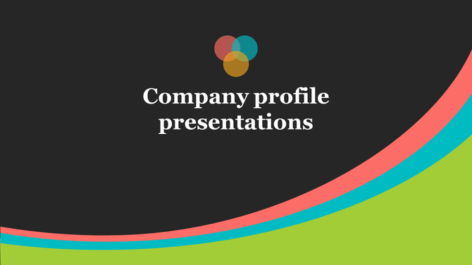 Company profile cover with a dark theme, colorful curved shapes at the bottom, and a three color overlapping icon.