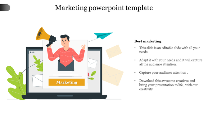 Slide with a laptop showing a marketing message, surrounded by envelopes and paper planes, and a person with a megaphone.