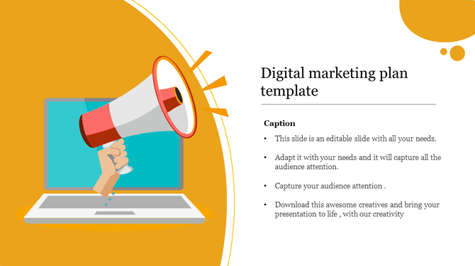 Digital marketing concept illustration showing laptop with megaphone projection on vibrant orange backdrop.