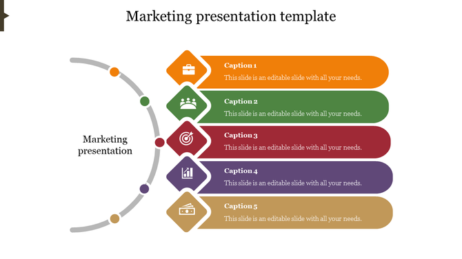 Marketing slide with five colorful dots in semicircle arc, paired with text boxes in orange, green, red, purple, and yellow.