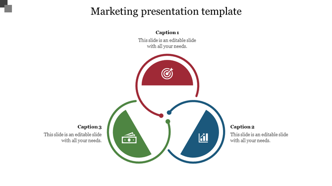 Marketing presentation template with three colored interconnected sections for strategy, finance, and growth with captions.