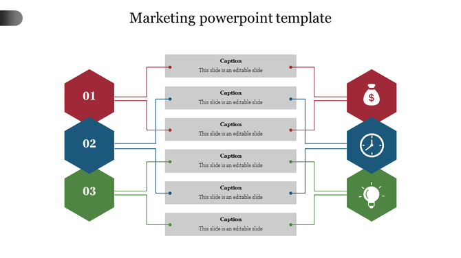 Marketing template with hexagonal icons in red, blue, and green, each linked to gray caption boxes with arrows.
