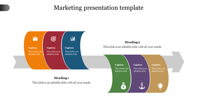 Marketing presentation template with two sections featuring various colored icons with captions and placeholder text.