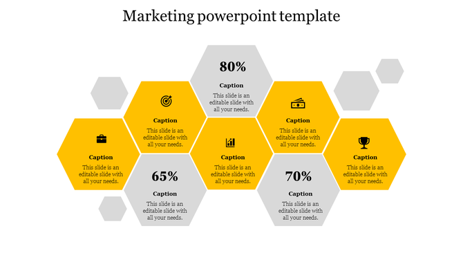 Marketing slide with hexagonal layout  in yellow and gray, featuring icons, percentage, and captions.