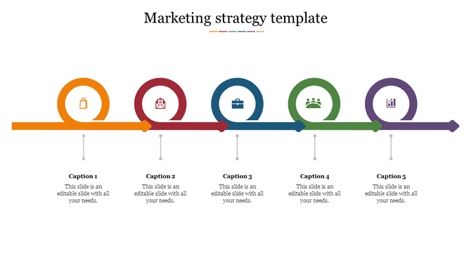 Marketing strategy slide with five looped arrows in orange, red, blue, green, and purple, each featuring an icon and caption.