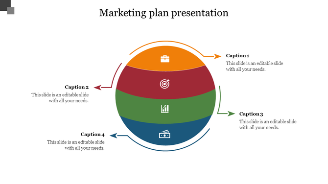Marketing plan PPT template featuring a colorful circular design with four steps, icons, and captions for each stage.