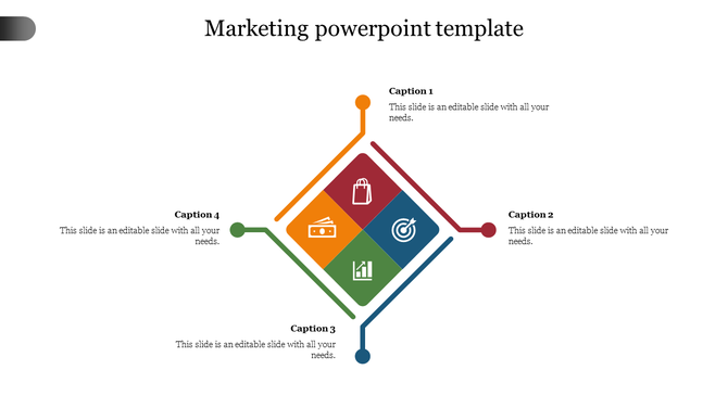Marketing PPT presentation template with four key sections, each with a distinct color and icon with captions.