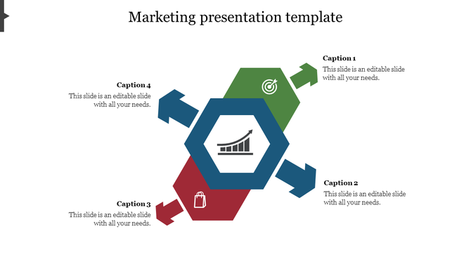 Marketing infographic with a hexagon featuring a growth chart, three arrows extending outward in blue, green, and red. 