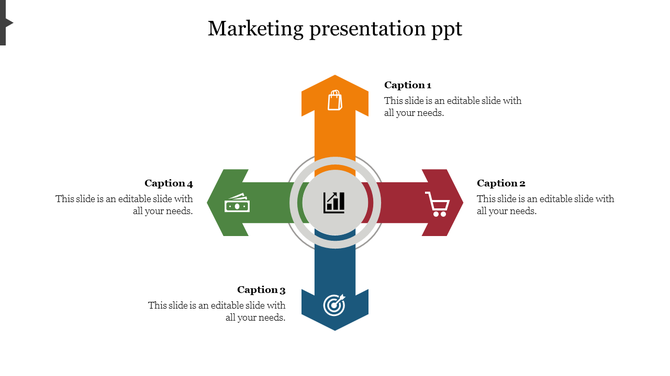 Marketing presentation template featuring four colorful arrows pointing in different directions, each with an icon.
