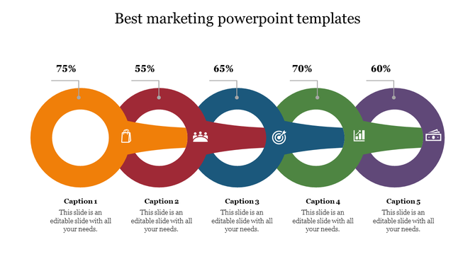 Business infographic with five interlinked circles in different colors, each labeled with an icon and percentage above. 