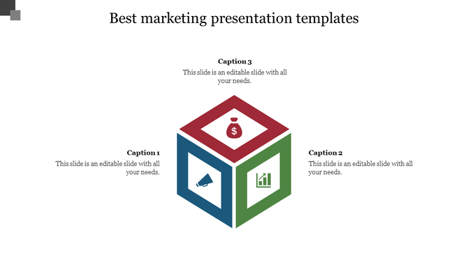 Marketing presentation slide with a 3D cube design with three colorful faces, featuring icons in red, blue, and green.