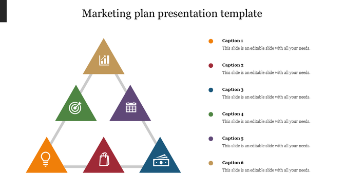 Marketing plan infographic with a six triangle pyramid, each containing an icon, connected to captions on the right.