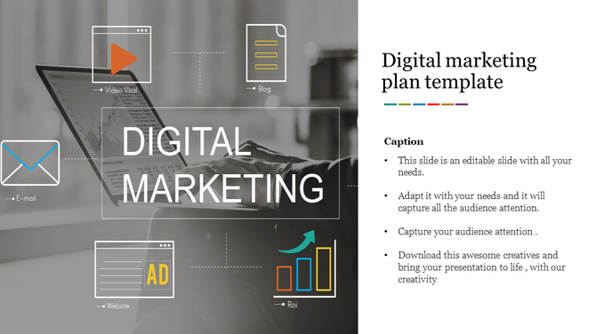 Digital marketing PowerPoint template featuring icons for email, blog, video viral, website, and ROI alongside a graph.