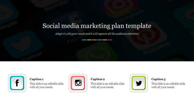 Social media marketing plan PowerPoint slide featuring icons of Facebook, Instagram, and Twitter with placeholder text.