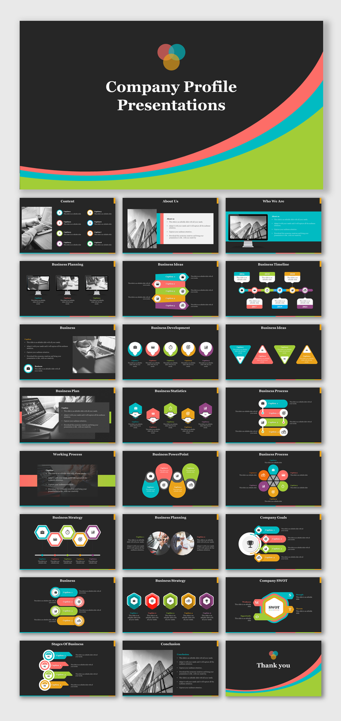 Company profile template with a dark background, colorful curved design, and multiple business themed slides. 