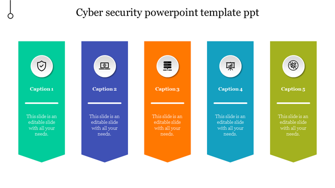 Vertical layout of five colorful banners with icons, representing different aspects of cybersecurity, and space for text.