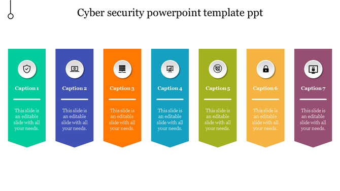 Cybersecurity slide with seven colored vertical banners in green, blue, orange, teal, olive, yellow, and purple.