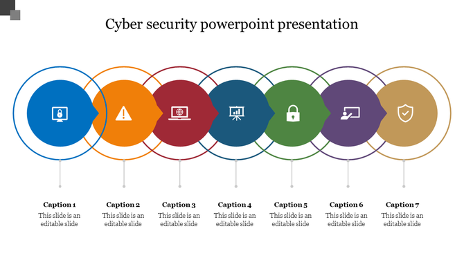 Cybersecurity presentation slide with seven colorful overlapping circles, each containing an icon and caption.