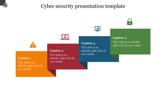 Four colored segments in orange, red, blue, and green, with icons and captions about cyber security theme.