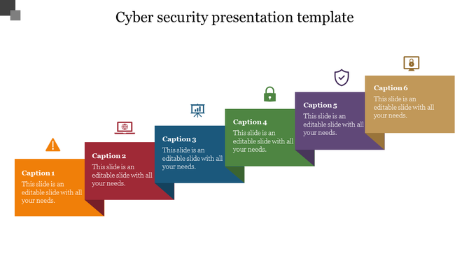 Cybersecurity slide with six rectangular banners in orange, red, blue, green, purple, and brown, each featuring an icon. 