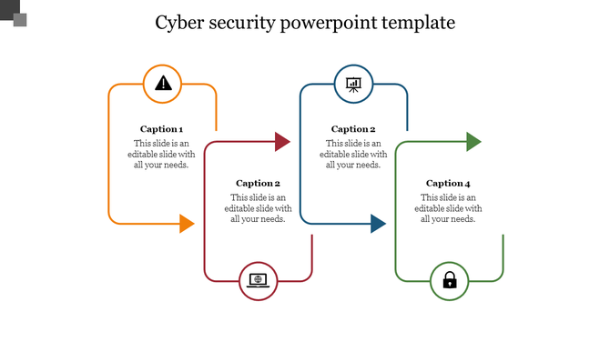 Cyber security slide with a flow diagram showing various stages with icons and captions.