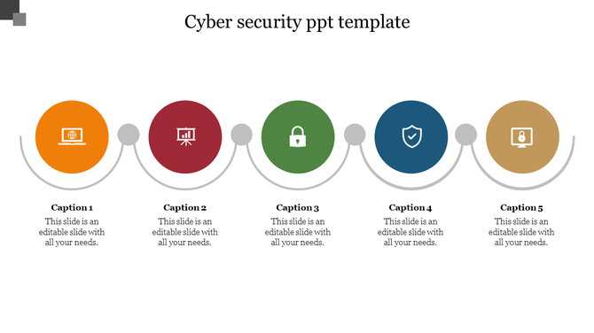 A cyber security PowerPoint slide showing colorful icons from laptop to lock with captions.
