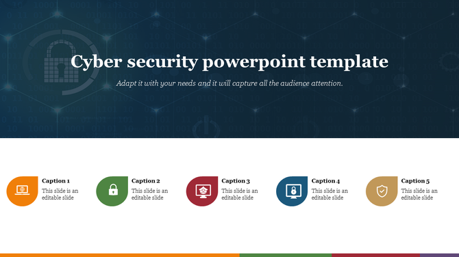 Cybersecurity PowerPoint template with five captions, each featuring an icon and placeholder text on a split backdrop.