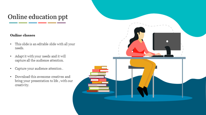 Illustration of a woman attending an online class, seated at a desk with a computer and a stack of books and text area.