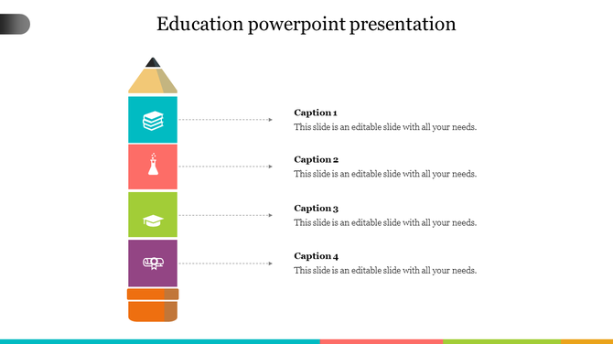 Vertical pencil shaped layout with colorful boxes in teal, orange, green, and purple, each with an icon and caption.
