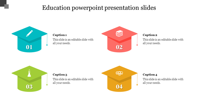 Slide with four colorful graduation cap icons, each labeled with a number and an caption area for educational content.