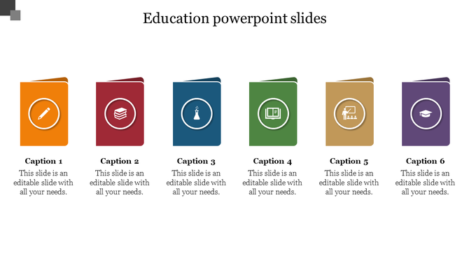Education slide with six vertical book elements in orange, red, blue, green, brown, and purple, each featuring an icon. 