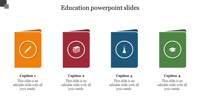 Four educational panels in distinct colors, each showing a related icon and placeholder text areas.