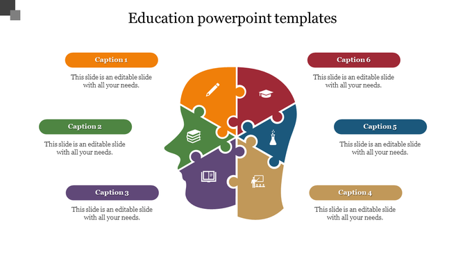 Education PowerPoint template with a colorful brain puzzle design featuring icons with captions and placeholder text.
