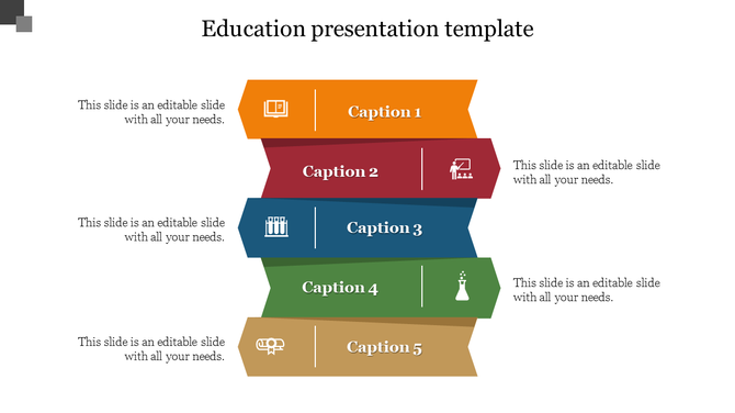 Education slide with five ribbon shaped banners in orange, red, blue, green, and brown, each featuring an icon and caption. 