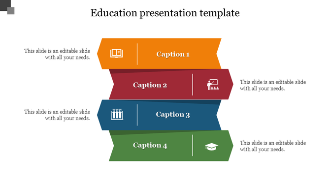 Layered education slide with four banners in orange, red, blue, and green, each containing an academic icon and caption.