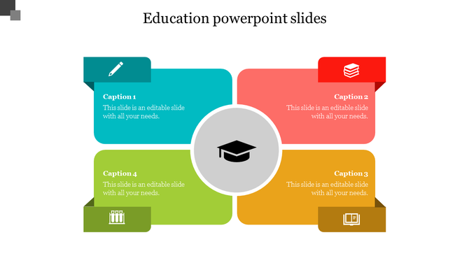 Education slide layout with four rectangular boxes in teal, red, green, and yellow, centered around a graduation cap icon.