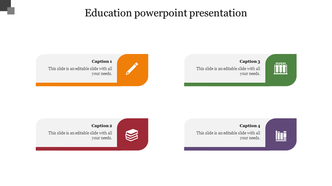 Education slide with four rectangular captions, each featuring an education-related icon in orange, red, green, and purple. 
