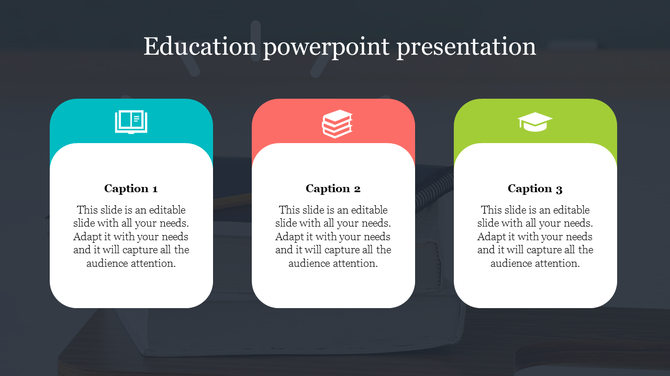 Education slide with three caption cards, each featuring an icon, title, and text, aligned horizontally on a dark backdrop. 