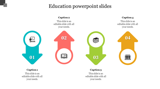 Education slide featuring four directional arrow icons in teal, red, green, and yellow, aligned in a row.