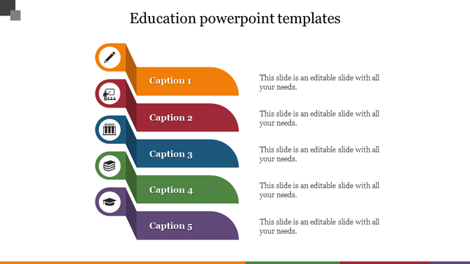 Education slide with five stacked ribbon banners in orange, red, blue, green, and purple, each with an icon and caption. 