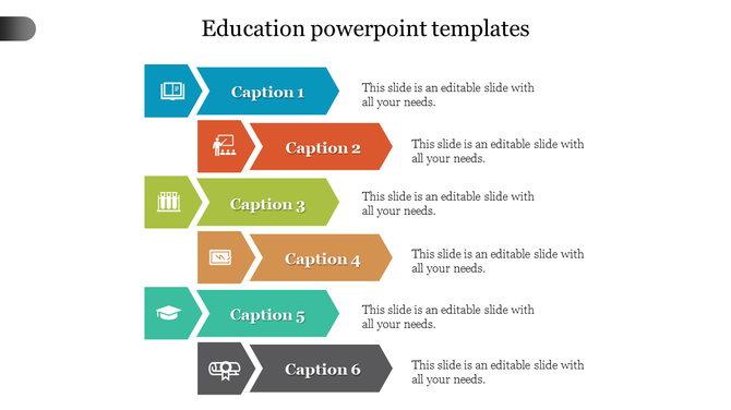Slide showcasing six caption sections for educational content, each in a colored arrow shape.