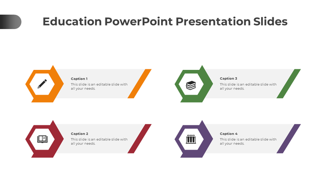 Education slide with four icons in orange, red, green, and purple, each linked to a caption box with placeholder text. 