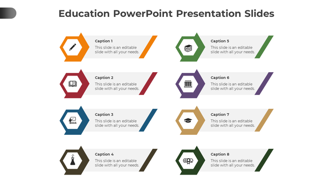 Educational slide with eight distinct hexagonal icons in different shades, paired with caption box, arranged in two columns.