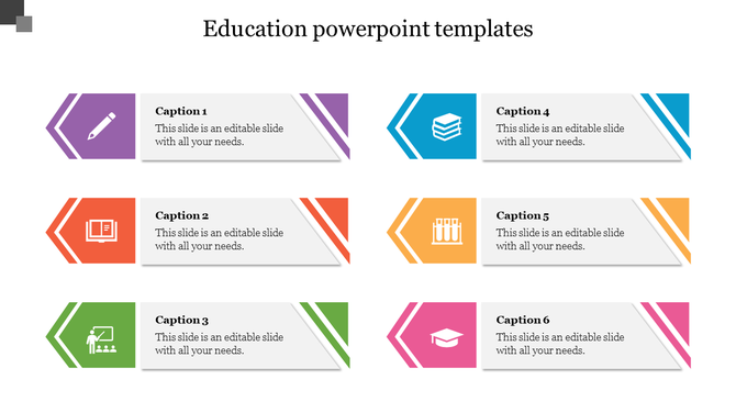 Education-themed slide displaying six rectangular sections with distinct colors and icons, each paired with a caption area.