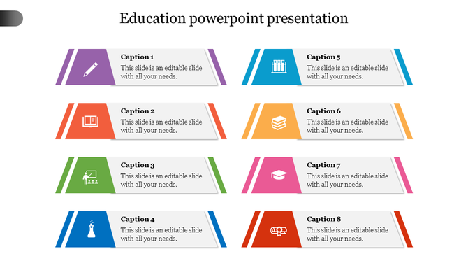 Education slide with eight triangular blocks, each in vibrant colors and containing an icon and caption.