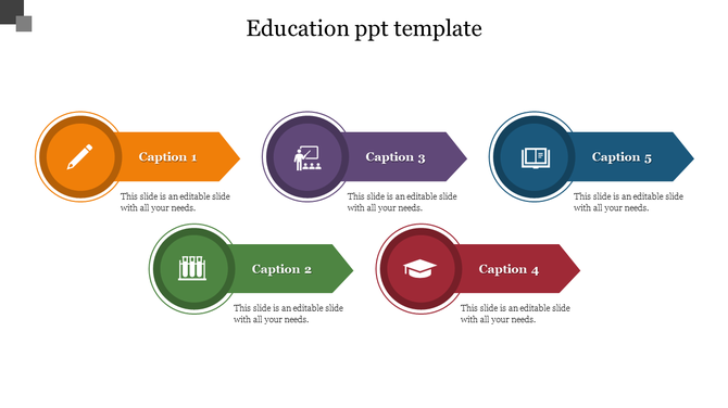 Educational template featuring circular icons with arrow shapes in orange, purple, green, blue, and red.