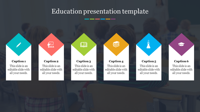 Education template with six banners, each featuring icons for writing, teaching, reading, books, science, and graduation.