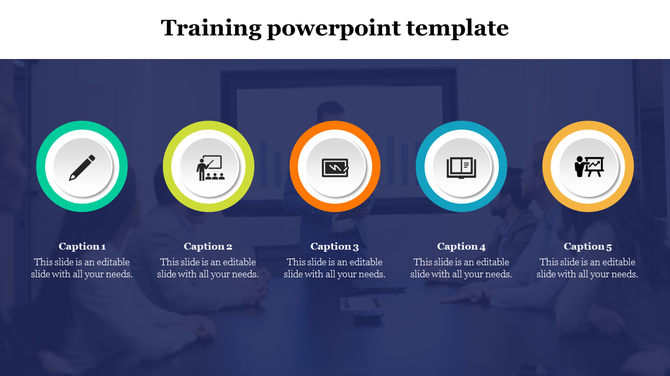 Training template with five circular icons, including a pencil, presentation board, screen, book, and instructor. 